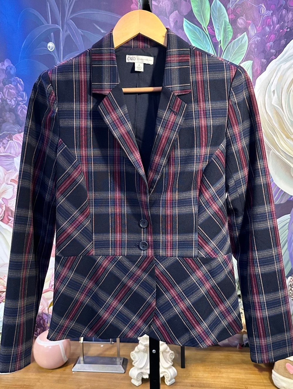 Cato 4 Blazer Preppy Plaid Tartan Career Stretch Black Red Navy Lined